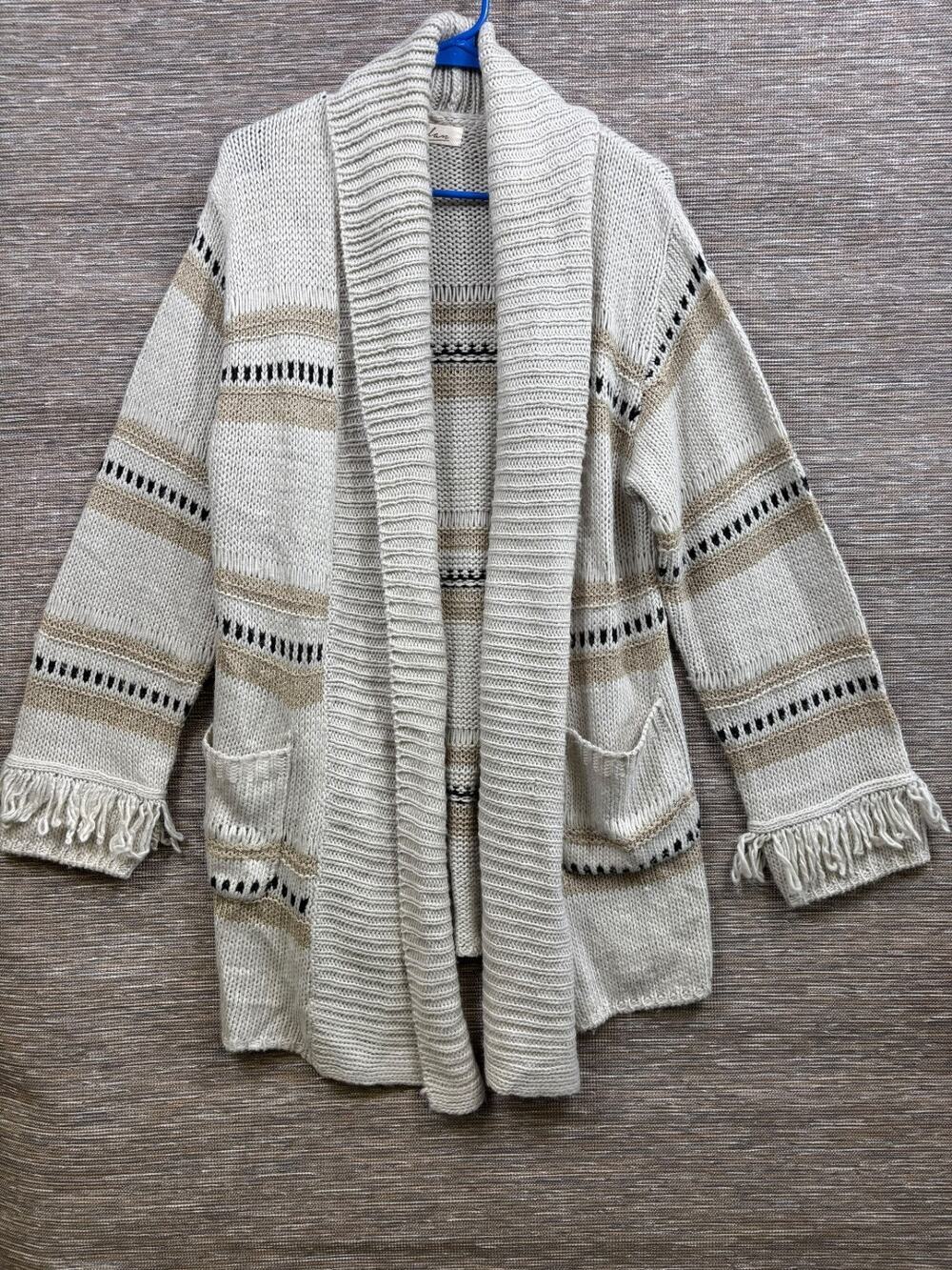 Elan Open Front Cardigan Sweater Womens Size L Beige Loose Knit Front Pockets